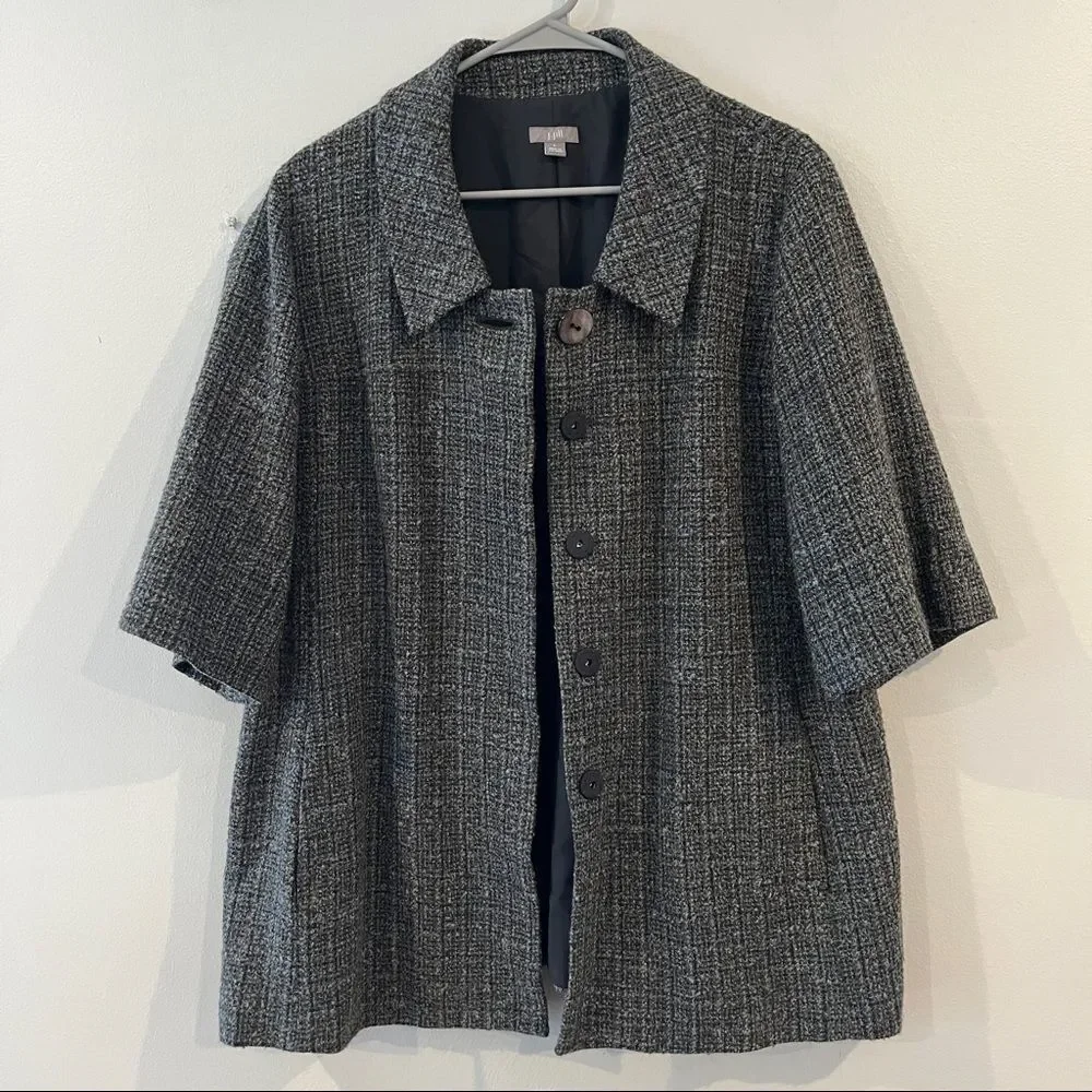 J Jill gray tweed short sleeve wool blend snap front blazer jacket - Picture 1 of 11